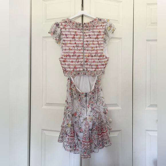 Alice + Olivia Mitzi Cutout Minidress White Floral Short Sleeve Ruffle Dress 14 - Picture 11 of 12